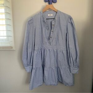 Rahi Small Sydney Shirt Mini Dress Blue White Stripe Peplum Tiered Long Sleeve